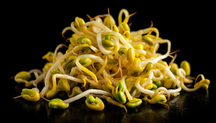 Fresh bean sprouts arranged on a dark surface ready for cooking