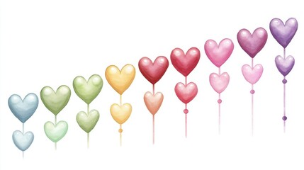 Heartfelt Harmony: A charming collection of colorful heart-shaped balloons, ascending in a spectrum of hues, creates a symbol of love and affection. Each heart is connected to another.