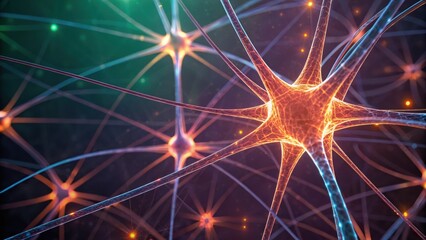 Fototapeta premium Abstract illustration of interconnected neurons with glowing synapses, depicting neural networks and brain activity.