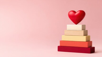 Ascending Love: A vibrant red heart rests atop a pyramid of colorful blocks, embodying themes of growth, stability, and enduring affection.