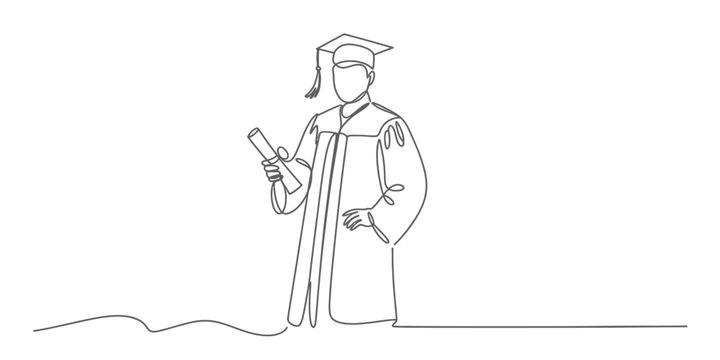 Single continuous line art drawing of a graduate holding a diploma scroll, wearing a cap and gown, symbolizing academic achievement and success in higher education