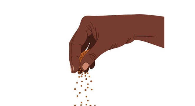 Vector illustration of a human hand with dark skin performing the action of sprinkling small brown granular particles, ideal for themes of culinary seasoning, gardening, or adding elements to a design