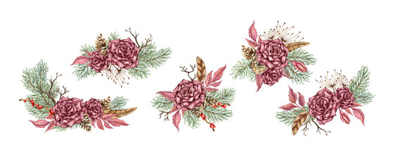 Burgundy roses, pine branches, cones, dried flowers, feather and berries set watercolor illustration. Winter New Year and Christmas bouquets, isolated from the background, perfect for holiday cards, 