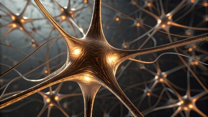 Intricate neural network with glowing connections, showcasing the complexity of neurons and synapses in a dark background.