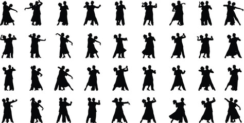 Ballroom dance silhouettes, elegant couple poses, black dancing figures, romantic movement, graceful choreography, artistic rhythm, stylish performance, classic dance art