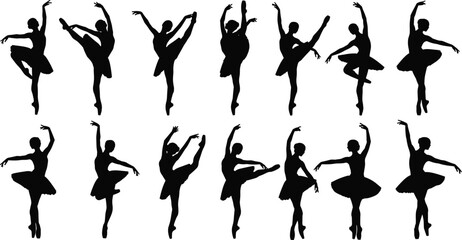 Ballet dancer silhouettes, elegant poses, classical movement, graceful form, artistic expression, black figures, dance positions, arabesque, attitude, choreography, performance art