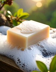 A close-up shot of a soap bar with bubbly foam, resting on wood, with blurred greenery in the background and a warm light