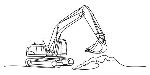 Continuous line art drawing of an excavator digging earth with a pile of soil. construction heavy machinery vehicle. minimalist vector illustration of a digger. © Digital Illustration