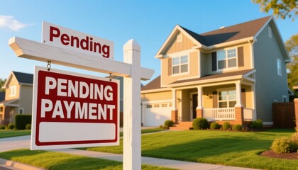 Fototapeta premium credit score home loan concept. Pending sale sign in front of a suburban home on a sunny day.