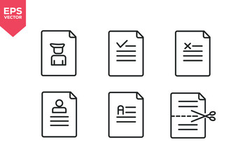 Set of line icons related to official ID, item checked, item rejected, user profile document, grade report, document cutting. Editable stroke. Vector illustration