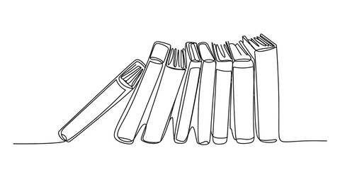 Continuous line drawing of a row of books, standing and leaning, symbolizing education, knowledge, and learning in a minimalist art style.