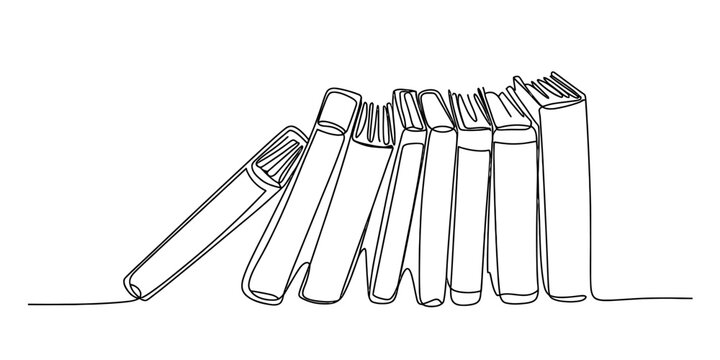 Continuous line drawing of a row of books, standing and leaning, symbolizing education, knowledge, and learning in a minimalist art style.