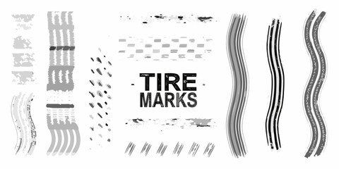 Collection of diverse abstract tire track marks and grunge brush strokes in grayscale tones
