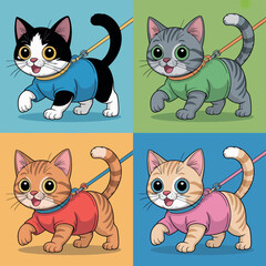 Four cute cartoon kittens wearing sweaters on leashes