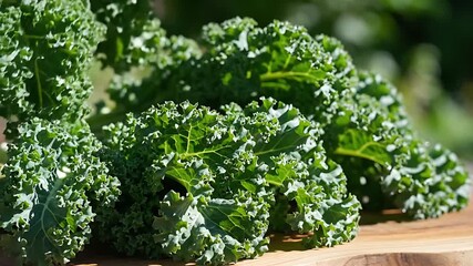 Fresh vibrant green kale leaves on a rustic wooden board showcasing healthy organic produce for cooking salads and nutritious meals perfect for a balanced diet