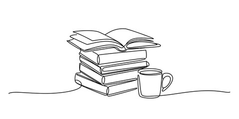 Continuous line art drawing of a stack of books with an open book on top and a coffee mug, representing study, learning, and relaxation. © Digital Illustration