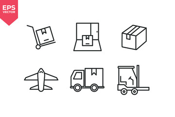 Set of line icons related to hand truck, package arrival, parcel box, air cargo, delivery truck, forklift.  Editable stroke. Vector illustration