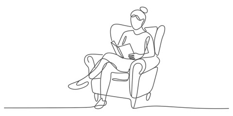 Continuous line drawing of a woman sitting comfortably in an armchair, engrossed in reading a book, illustrating relaxation and learning
