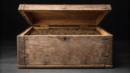 A rustic wooden chest filled with dark contents, displayed open against a dark background, suggesting mystery and storage.