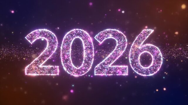 Vibrant and sparkling '2026' year text illuminated with glowing particles on a dark, cosmic background, symbolizing future events and new beginnings