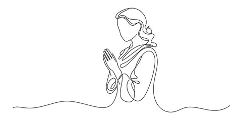 Continuous line art illustration of a person in a serene praying pose, hands clasped, embodying themes of spirituality, hope, peace, meditation and quiet reflection