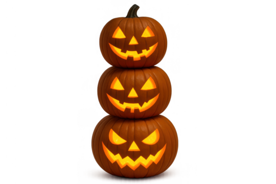 Stacked jack-o'-lanterns for halloween celebration, carved pumpkins glowing with spooky faces on transparent background