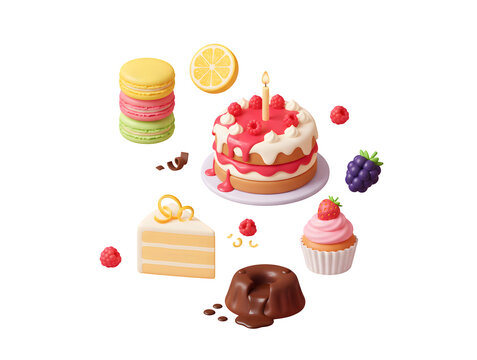 3D rendering of macarons, a slice of lemon, raspberry birthday cake, raspberries, lemon cake, strawberry cupcakes, chocolate desserts, and a blackberry icon set. 3D render of a dessert concept