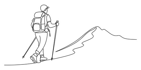 Continuous line drawing of a lone male hiker with a backpack and trekking poles ascending a mountain path, illustrating adventure, endurance, and exploration.