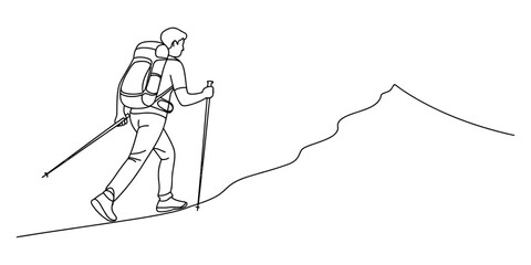 Hiking adventure on a scenic mountain trail, a lone traveler with backpack and trekking poles ascends towards the peak, line art illustration.