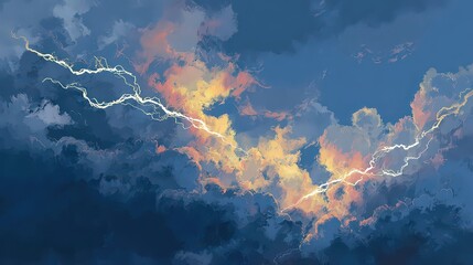 Atmospheric Digital Art of Lightning Across Cloudy Sky with Orange Tint Underneath Depicting an Impending Storm in Dark Blue Background