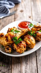 A close-up view of a white plate holding roasted chicken drumsticks, garnished with parsley, and a small bowl of ketchup