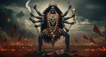 Powerful depiction of the Hindu goddess Kali standing victorious on a battlefield amidst chaos