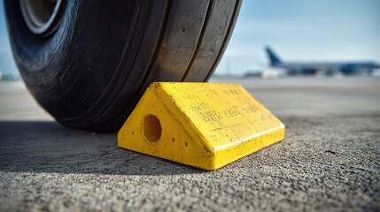 chock. A bright yellow wheel chock secured against a large aircraft tire on asphalt. mobility guides, transit brochures, designed for transport & logistics marketing.