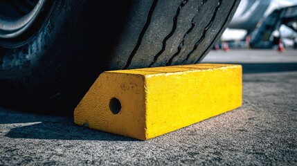 chock. A bright yellow wheel chock secured against a large aircraft tire on asphalt. mobility guides, transit brochures, designed for transport & logistics marketing.