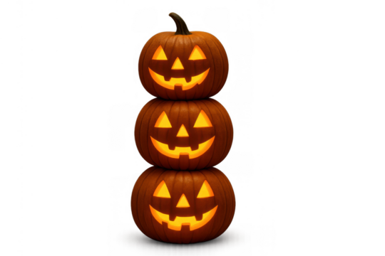 Stacked jack-o'-lanterns for halloween celebration, carved pumpkins smiling with glowing eyes and mouth, transparent background
