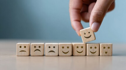 Choosing Joy: A hand carefully selects a smiley-faced wooden block, curating an expression of contentment among a range of emotional options, symbolizing positivity and satisfaction.