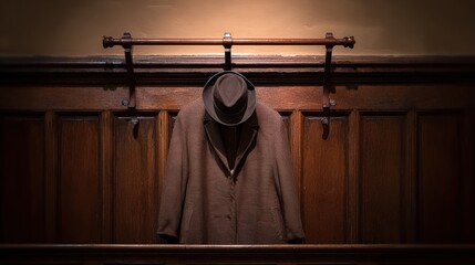 hook. A formal church hat and coat hanging neatly on a wooden coat rack in soft light. event programs, museum guides, designed for cultural heritage projects and event programs.