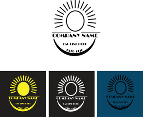 This is a monoline and vintage-style logo featuring a sun and a curved element that resembles a smiling mouth, a bowl, or a crescent moon. Curved Base: A solid, thick, curved line forms the base