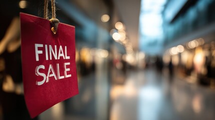 A red sale sign reading "FINAL SALE" hangs in a blurred retail space, emphasizing discounts in a shopping environment.