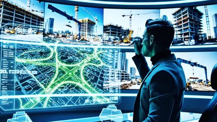 A man interacts with a futuristic digital interface showing construction sites and city data - Powered by Adobe