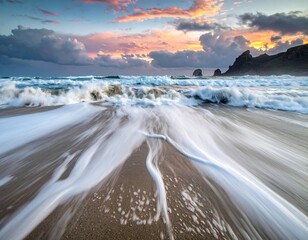 A coastal scene at sunset depicts waves surging onto the sandy shore, with mountains under a colorful sky