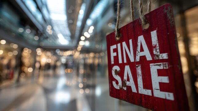A close-up of a "Final Sale" sign in a retail space, with a blurred background of store lights and shoppers.