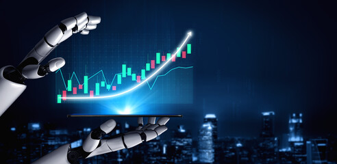 A futuristic robotic hand presents a smartphone showcasing a rising financial graph, symbolizing advancements in technology and finance in an urban setting. Impute