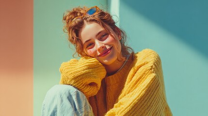 Smiling woman in cozy sweater enjoying sunlight indoors