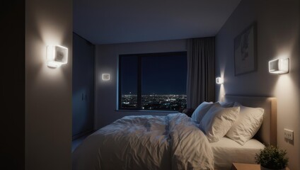 Modern Bedroom with City View at Night.