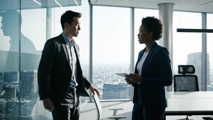 A man and woman in suits converse in a modern office with large windows overlooking a city