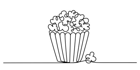 Continuous line drawing of a gourmet cupcake with abstract, fluffy topping resembling popcorn, presented in a striped baking cup, minimal art style