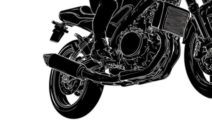 Close-up view of a black and white stylized motorcycle engine and exhaust.