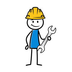 Stick Figure Construction Worker with Wrench and Hard Hat Illustration.