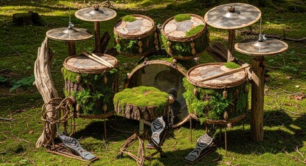 Enchanted Forest Drum Kit: Rustic, Moss-Covered, Natural Musical Instrument.